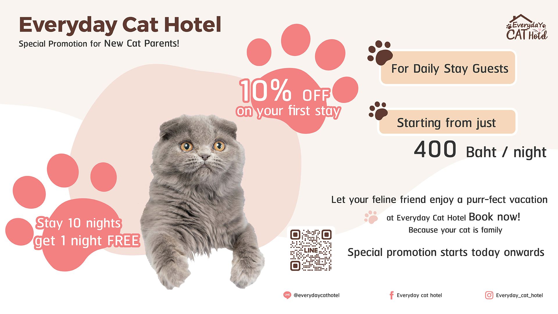 Promotion: Collect 10 nights and get 1 night free. Plus, first-time stays for your cat receive a 10% discount!